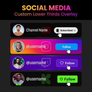 Peut inclure: Graphique numérique avec le texte "SOCIAL MEDIA Custom Lower Thirds Overlay". Il présente quatre modèles de tiers inférieurs avec des photos de profil, des noms d'utilisateur et des boutons interactifs tels que "Follow" et "Subscribed."