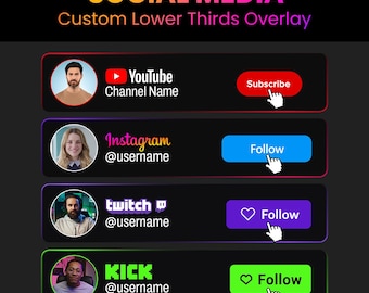 Aangepaste YouTube-abonneerknop | Sociale media onderste derde overlay voor Twitch, Kick, TikTok, Instagram, X, Snapchat, Discord, Patreon en meer