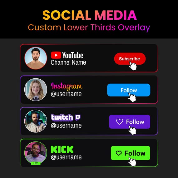 Custom YouTube Subscribe Button | Social Media Lower Third Overlay for Twitch, Kick, TikTok, Instagram, X, Snapchat, Discord, Patreon & More