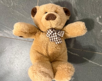VTG 1993 GUND Tan Plush Teddy Bear Gingham Bow 1G64 11 Inch Stuffed Animal