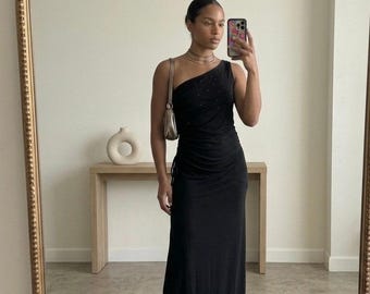 Vestido largo asimétrico de un solo hombro de VTG I.N. San Francisco, talla M, negro, estilo Y2K, ideal para fiestas de graduación, nuevo con etiquetas.