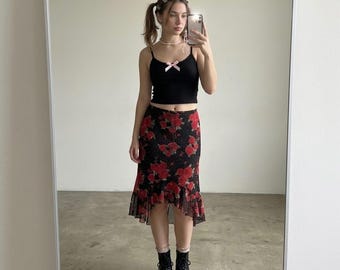 Falda vintage de Filadelfia, California, estilo Y2K, asimétrica, con volantes, talla pequeña, rosa negra brillante, estilo romántico.