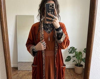 VTG GIGIO USA Rust Velvet Leopard Trim Duster Cardigan Robe S Whimsigoth Witchy