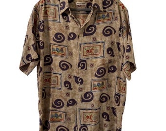 Camisa VTG Burma Bibas para hombre M color tostado morado 100 % seda, manga corta, botones, novedad