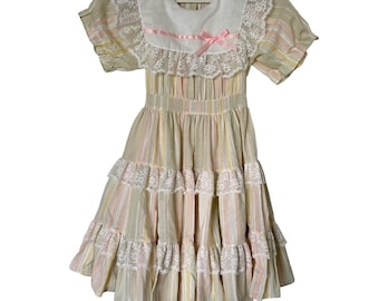 Vestido babero de encaje con volantes y rayas pastel para niña, marca VTG 80s Rare Mini World Inc, talla 6X USA
