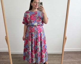 Conjunto de falda de dos piezas 100% seda de VTG Nordstrom, talla 12, estampado floral rosa y morado, estilo artístico botánico.