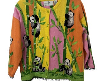 Cárdigan de bambú Panda de VTG Design Options, estilo años 90, adornado, talla pequeña para mujer.