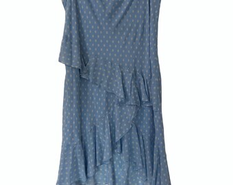 VTG Lauren Ralph Lauren 100% Seda Volante Midi Falda Mujer Sz 16 Lunares Azules