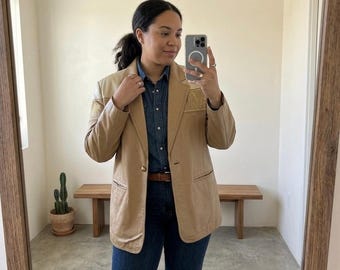 VTG Braefair Leather Tan Horse Embroidered Colorblock Blazer Jacket Womens 14
