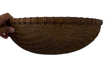 VTG Woven Bamboo Rattan Round Fruit Basket Decorative Bowl Brown 15 Inch