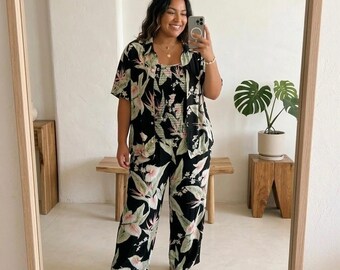 Conjunto de 3 piezas VTG Kaua'iana Hawaii XL con top y pantalones de campamento con estampado floral tropical para vacaciones