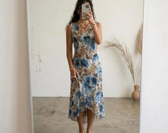 Believe VTG 90s Floral  Ruffle Midi Dress Size 8 Blue Brown Earthy Y2K Fairy