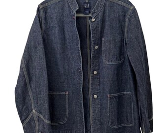 Chaqueta vaquera Gap estilo años 20 para mujer, talla L, lavado oscuro, cuello Nehru, cierre de botones.