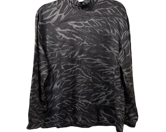 VTG Escada Margaretha Ley Silk Mock Neck Blouse Black Gray Zebra Print 40