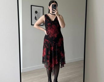 VTG Connected Red Black Floral Sequin Cowl Nck Dress XL Dark Romantic Whimsigoth