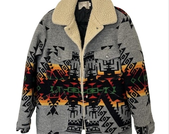 Chaqueta estilo manta navajo de alta calidad Pendleton de los años 70 para hombre, de lana sherpa azteca estilo western.