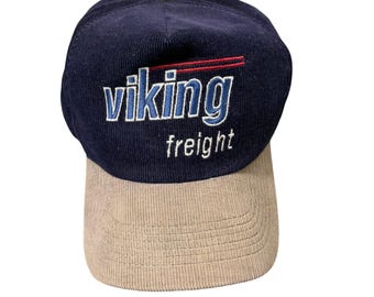 Vintage Viking Freight Corduroy Snapback Hat Regal Headwear Navy Tan USA Made
