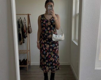 Conjunto de falda midi de 2 piezas estilo vintage Loco Lindo Y2K de los 90, talla mediana, estampado floral de lunares, estilo artístico retro.