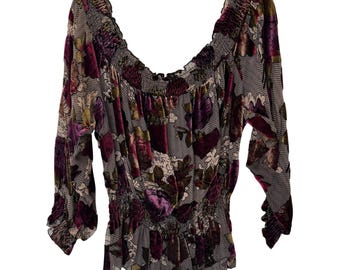 Top vintage para mujer, talla grande, estampado floral oscuro, terciopelo, malla transparente, estilo Y2K Whimsigoth