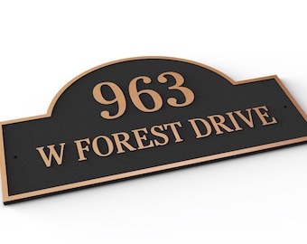 Personalized Aluminum Arch Address Plaque – Custom House Number Sign – Gold Painted