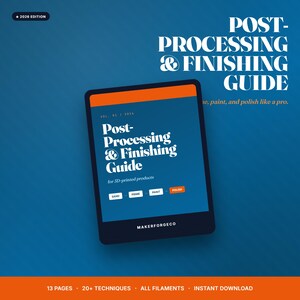 Puede incluir: Una guía digital titulada "Post-Processing & Finishing Guide" para productos impresos en 3D. La portada es azul con texto blanco y un encabezado naranja. La guía cubre técnicas de lijado, imprimación, pintura y pulido. Es la edición de 2026.