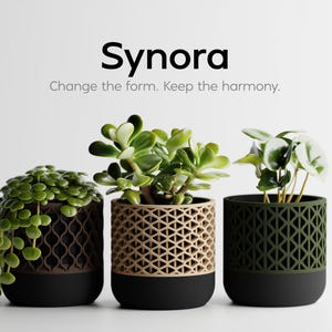 Może przedstawiać: Trzy dekoracyjne donice z żywymi roślinami. Donice mają geometryczny wzór w kolorze brązowym, beżowym i zielonym, z czarną podstawą. Tekst "Synora" i "Change the form. Keep the harmony." są wyświetlane powyżej.