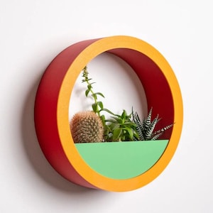 Puede incluir: Un macetero redondo de pared con exterior rojo, borde naranja e interior verde. El macetero contiene una variedad de pequeñas suculentas y un cactus. El diseño es moderno y colorido, para la decoración interior.