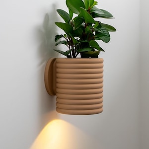 Puede incluir: Una maceta de pared color canela mate con un diseño exterior cilíndrico y acanalado. La maceta contiene una planta de hojas verdes y cuenta con una fuente de luz integrada en la base que proyecta una luz cálida hacia abajo sobre la pared.