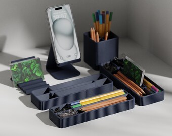 3D Printed Desk Organizer Set – Ribbed or Smooth Pen Holder & Storage, Home Office