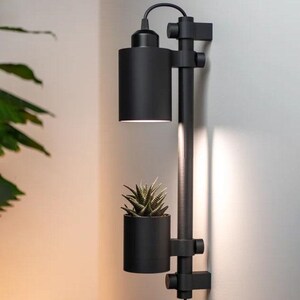 Może przedstawiać: Czarna lampa ścienna z cylindrycznym kloszem i wbudowaną doniczką. Lampa ma nowoczesny design i posiada małą roślinę sukulentową w doniczce. Lampa jest montowana na ścianie i nadaje się do użytku w pomieszczeniach.