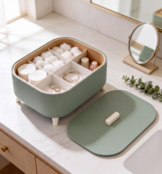 Aufbewahrungsbox mit Schnappdeckel, 3 Größen | Eitelkeit Schmuck Organizer, Badezimmer-Zähler | Geripptes modulares Design, Housewarming Geschenk für sie