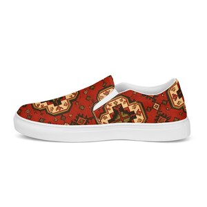 Armenian Rug Women’s Slip-On Canvas Shoes | Red Geometric Carpet Sneakers | Ethnic Heritage Casual Loafers | Boho Style Gift