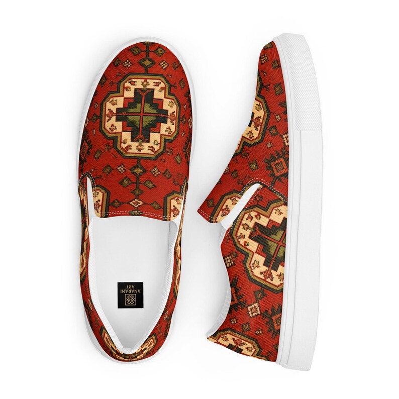 Armenian Rug Men’s Slip-On Canvas Shoes | Red Geometric Carpet Sneakers | Ethnic Heritage Casual Loafers | Boho Style Gift
