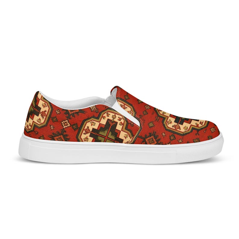 Armenian Rug Women’s Slip-On Canvas Shoes | Red Geometric Carpet Sneakers | Ethnic Heritage Casual Loafers | Boho Style Gift