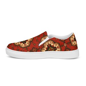 Armenian Rug Men’s Slip-On Canvas Shoes | Red Geometric Carpet Sneakers | Ethnic Heritage Casual Loafers | Boho Style Gift