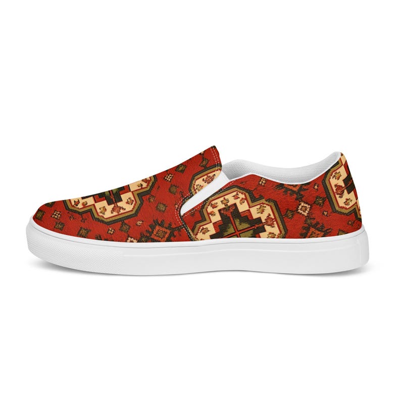 Armenian Rug Men’s Slip-On Canvas Shoes | Red Geometric Carpet Sneakers | Ethnic Heritage Casual Loafers | Boho Style Gift