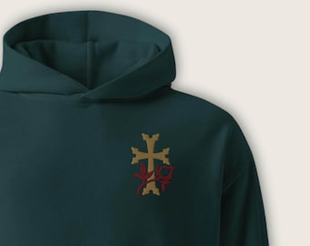 Armenian Cross Hoodie with Pomegranate Embroidery | Heritage Gift, Subtle Khachkar Cross, Faith and Culture, Quiet Luxury Armenian Apparel