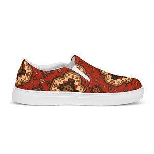 Armenian Rug Men’s Slip-On Canvas Shoes | Red Geometric Carpet Sneakers | Ethnic Heritage Casual Loafers | Boho Style Gift