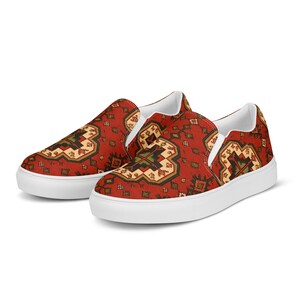 Armenian Rug Men’s Slip-On Canvas Shoes | Red Geometric Carpet Sneakers | Ethnic Heritage Casual Loafers | Boho Style Gift