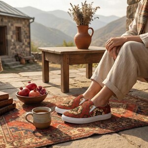 Armenian Rug Women’s Slip-On Shoes: Red Geometric Heritage Pattern image 4