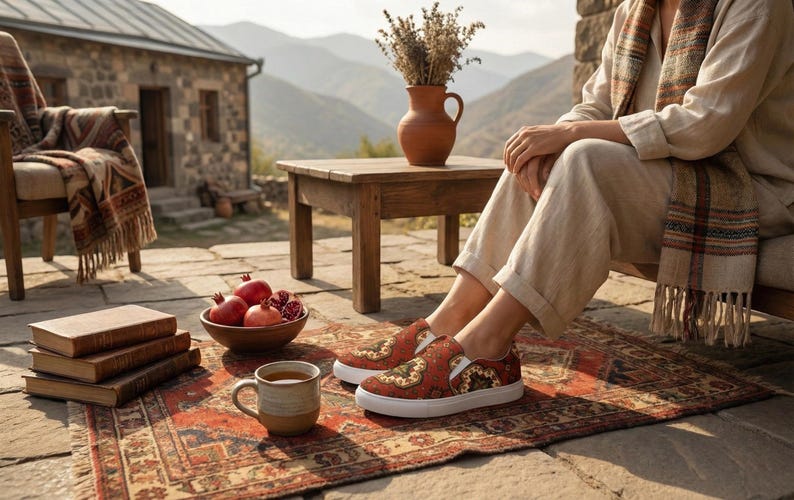 Armenian Rug Women’s Slip-On Shoes: Red Geometric Heritage Pattern image 4