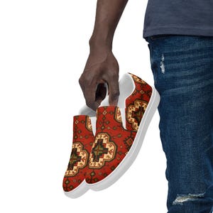 Armenian Rug Men’s Slip-On Canvas Shoes | Red Geometric Carpet Sneakers | Ethnic Heritage Casual Loafers | Boho Style Gift