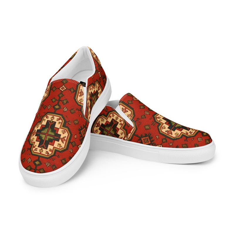 Armenian Rug Women’s Slip-On Canvas Shoes | Red Geometric Carpet Sneakers | Ethnic Heritage Casual Loafers | Boho Style Gift