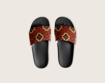 Armenian Slides: Red Black Rug Design - Lightweight Summer Footwear