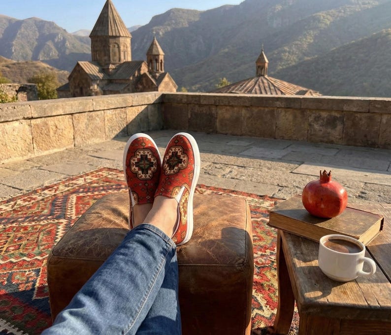 Armenian Rug Women’s Slip-On Shoes: Red Geometric Heritage Pattern image 5