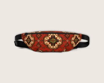 Armenian Carpet Fanny Pack: Red Geometric Boho Belt Bag
