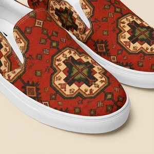 Armenian Rug Women’s Slip-On Shoes: Red Geometric Heritage Pattern image 3