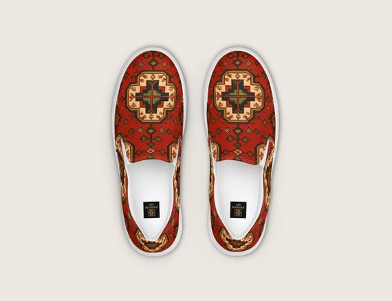 Geometric Armenian Rug Shoes: Casual Men's Slip-On Loafers (Canvas)