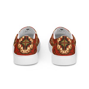 Armenian Rug Women’s Slip-On Canvas Shoes | Red Geometric Carpet Sneakers | Ethnic Heritage Casual Loafers | Boho Style Gift