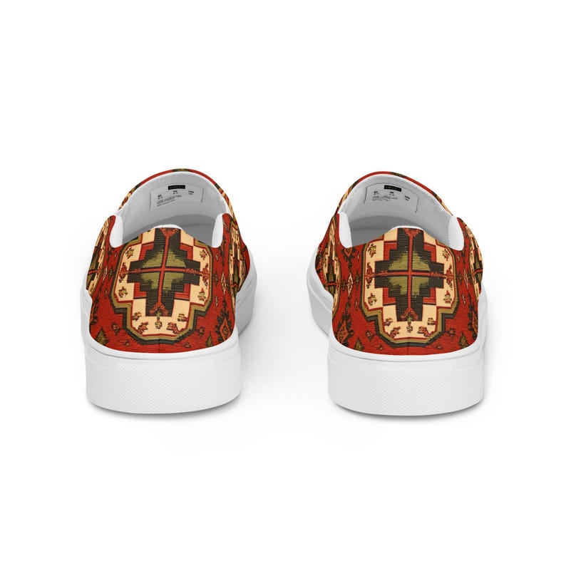 Armenian Rug Women’s Slip-On Canvas Shoes | Red Geometric Carpet Sneakers | Ethnic Heritage Casual Loafers | Boho Style Gift